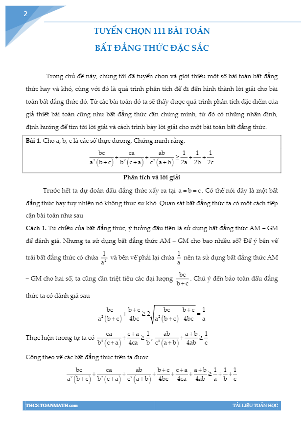 phân tích bình luận 111 bài toán bất đẳng thức – nguyễn công lợi