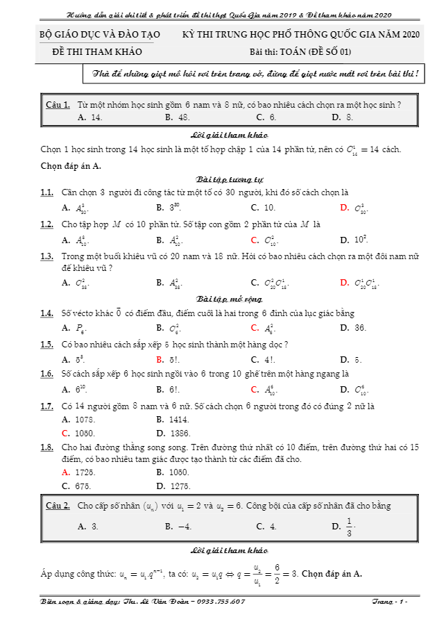 phát triển đề minh họa thpt quốc gia 2020 môn toán – lê văn đoàn
