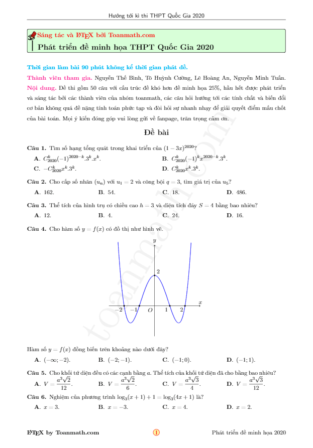 phát triển đề minh họa thpt quốc gia 2020 môn toán