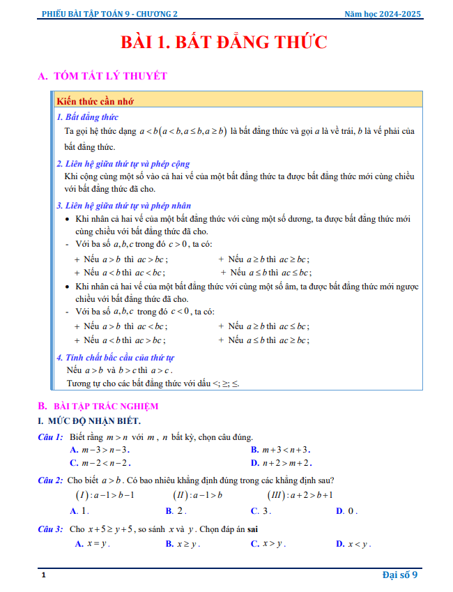 phiếu bài tập toán 9 chương bất đẳng thức, bất phương trình bậc nhất một ẩn