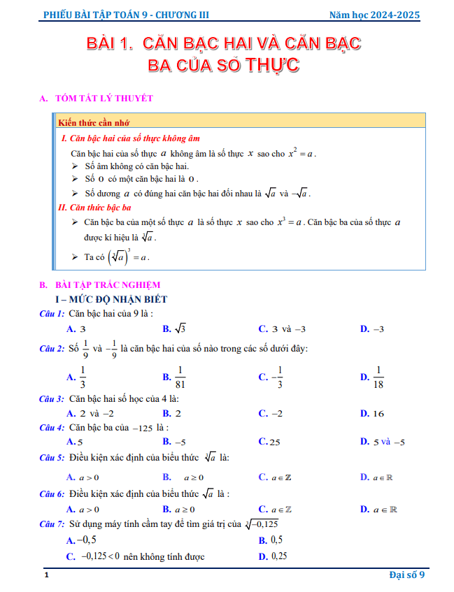 phiếu bài tập toán 9 chương căn thức