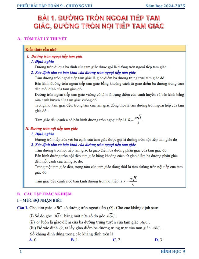 phiếu bài tập toán 9 chương đường tròn ngoại tiếp và đường tròn nội tiếp