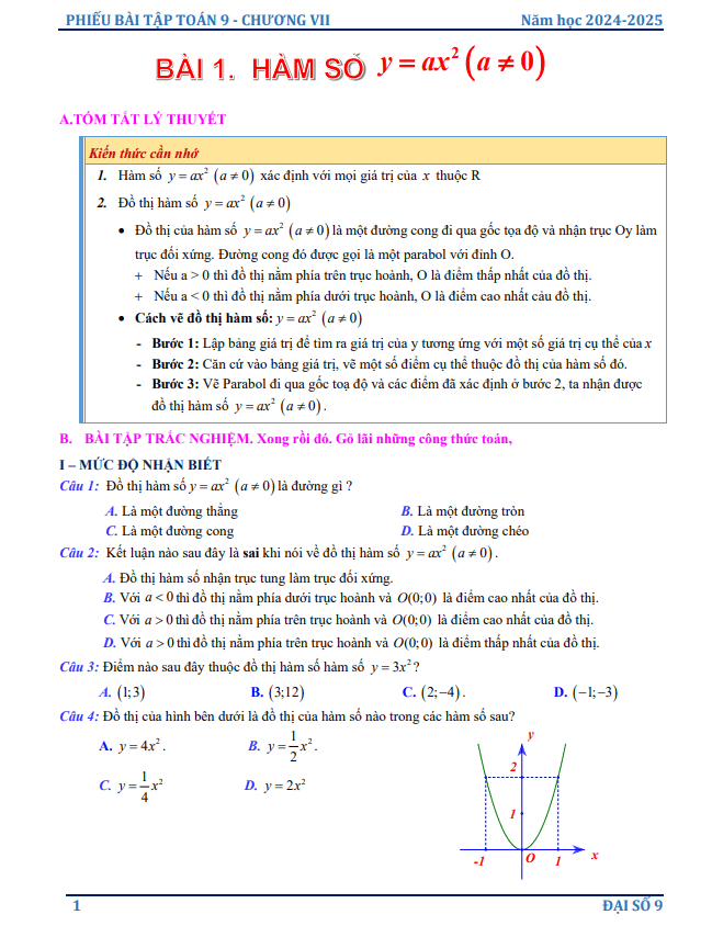 phiếu bài tập toán 9 chương hàm số y = ax2 (a ≠ 0), phương trình bậc hai một ẩn
