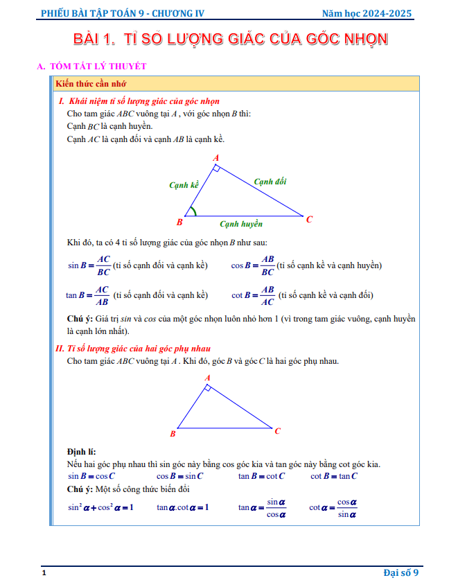 phiếu bài tập toán 9 chương hệ thức lượng trong tam giác vuông