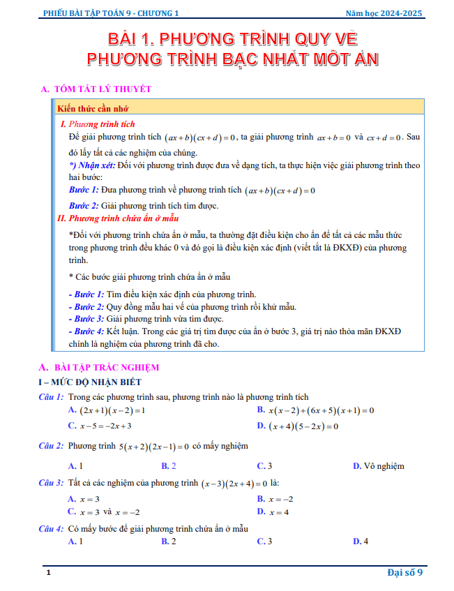 phiếu bài tập toán 9 chương phương trình và hệ phương trình bậc nhất