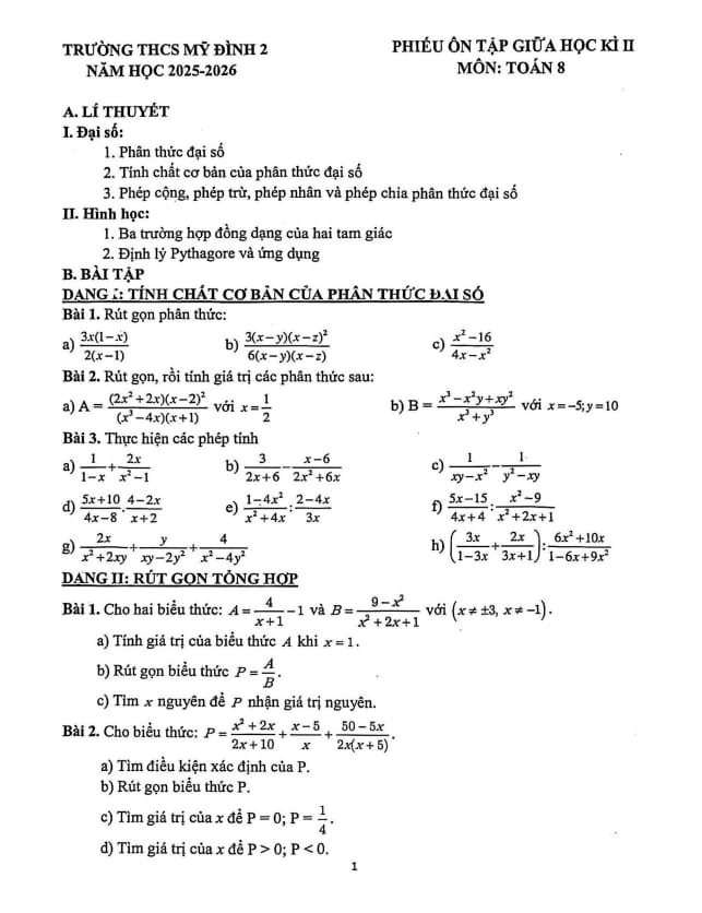 phiếu ôn tập giữa kì 2 toán 8 năm 2025 – 2026 trường thcs mỹ đình 2 – hà nội