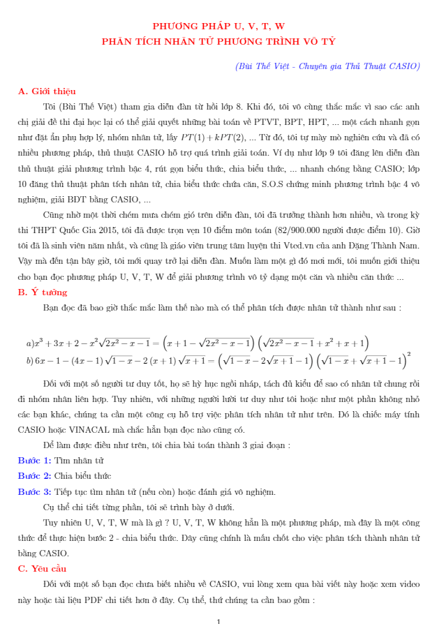 phương pháp u v t w phân tích nhân tử phương trình vô tỷ – bùi thế việt