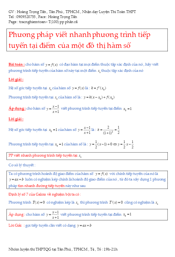 phương pháp viết nhanh phương trình tiếp tuyến tại một điểm của đồ thị hàm số – hoàng trọng tấn