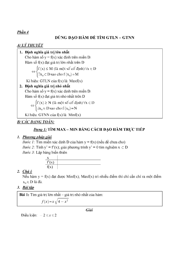 sử dụng phương pháp đạo hàm để tìm gtln – gtnn