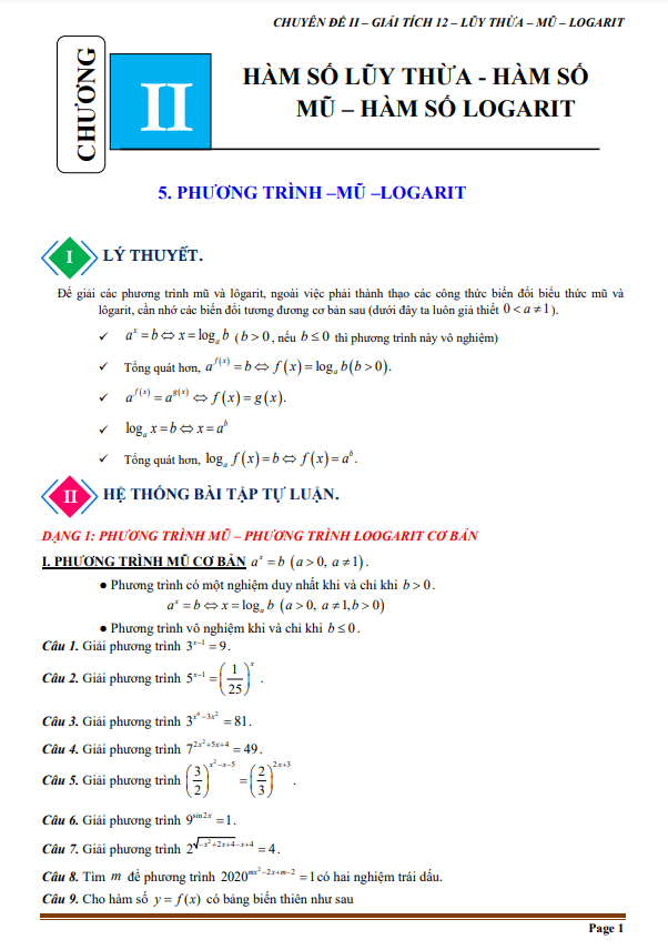 tài liệu chuyên đề phương trình mũ và phương trình lôgarit