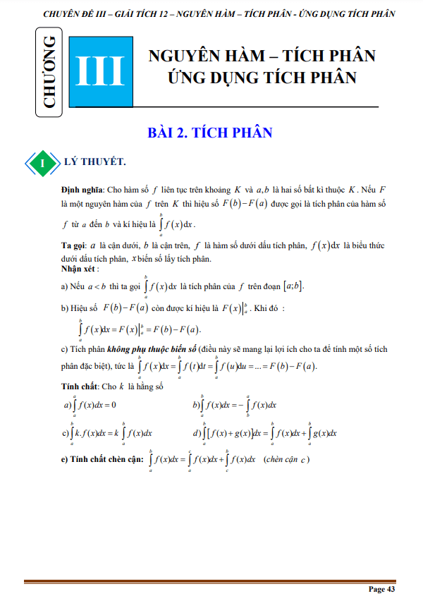 tài liệu chuyên đề tích phân và một số phương pháp tính tích phân