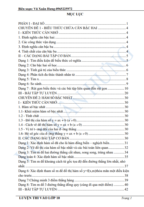 tài liệu luyện thi vào lớp 10 môn toán phần đại số – vũ xuân hưng