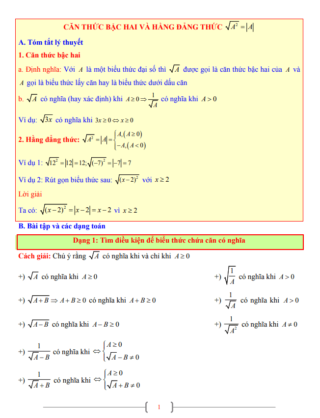 tài liệu toán 9 chủ đề căn thức bậc hai và hằng đẳng thức $\\sqrt {a^2} = \\left| a \\right|$