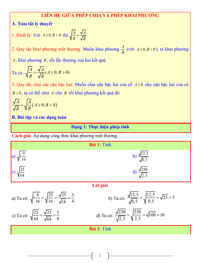 tài liệu toán 9 chủ đề liên hệ giữa phép chia và phép khai phương
