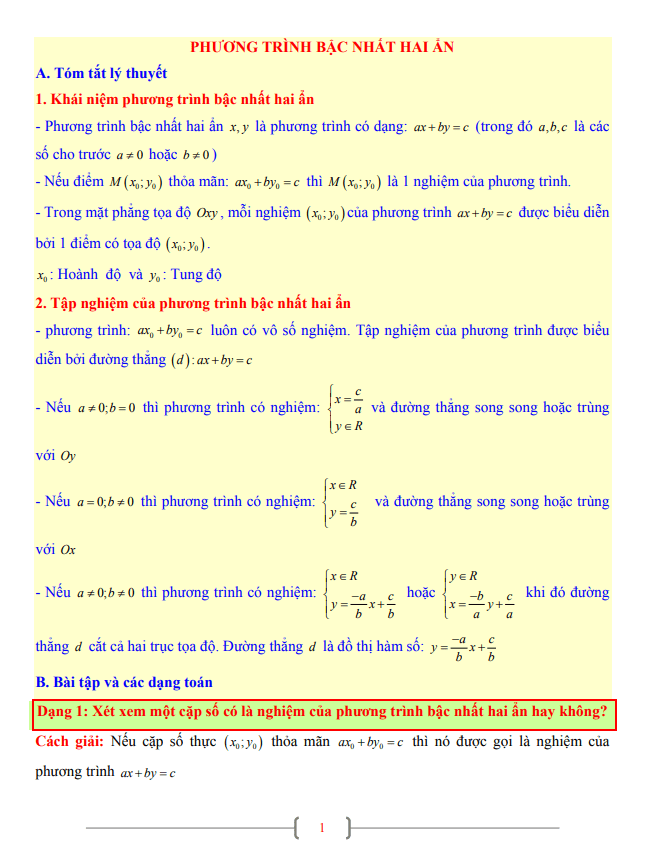 tài liệu toán 9 chủ đề phương trình bậc nhất hai ẩn