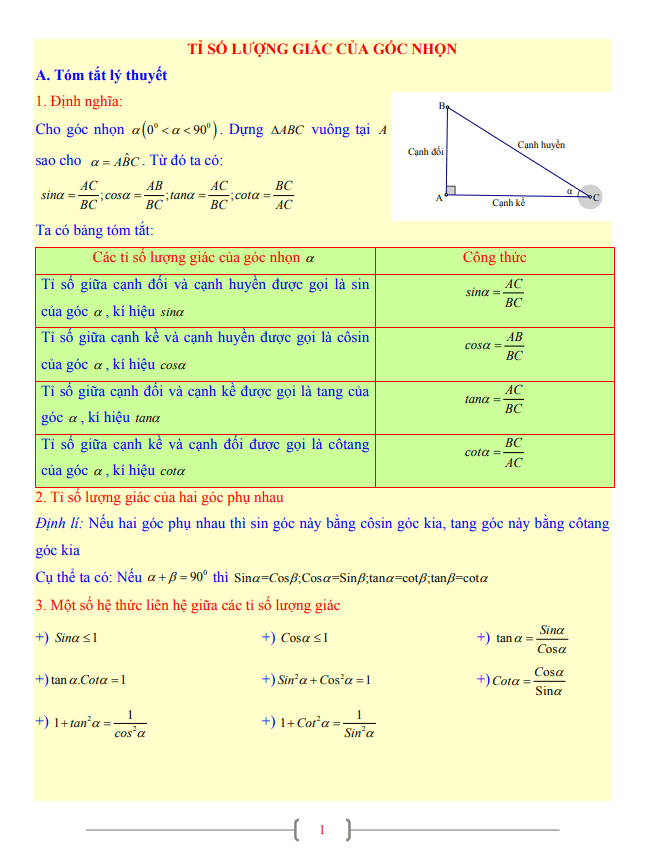 tài liệu toán 9 chủ đề tỉ số lượng giác của góc nhọn