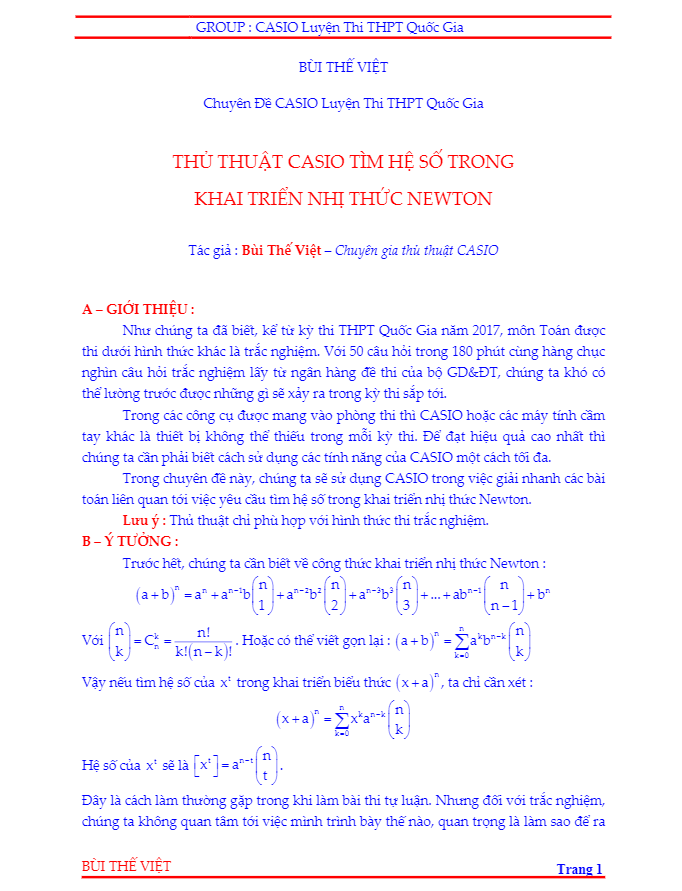 thủ thuật casio tìm hệ số trong khai triển nhị thức newton – bùi thế việt