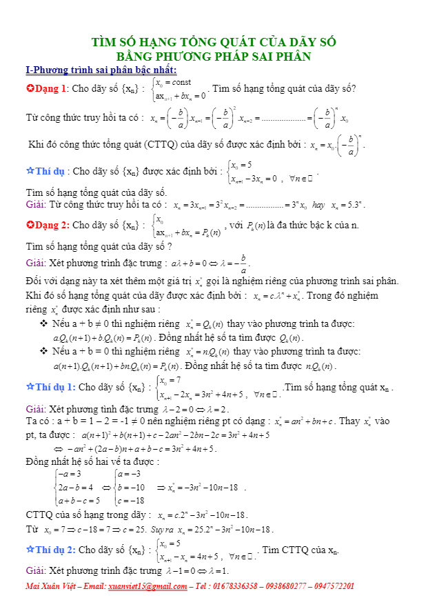 tìm số hạng tổng quát của dãy số bằng phương pháp sai phân – mai xuân việt