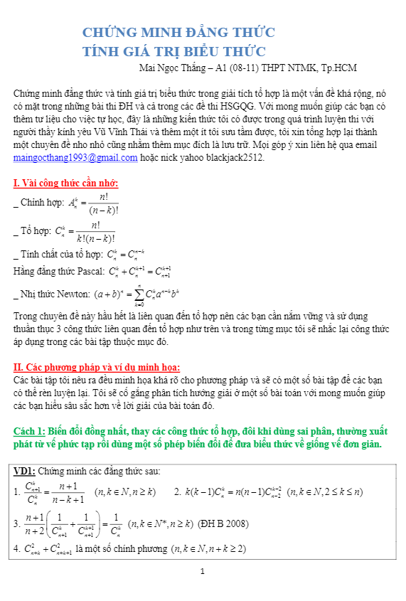tính giá trị và chứng minh các biểu thức tổ hợp – mai ngọc thắng