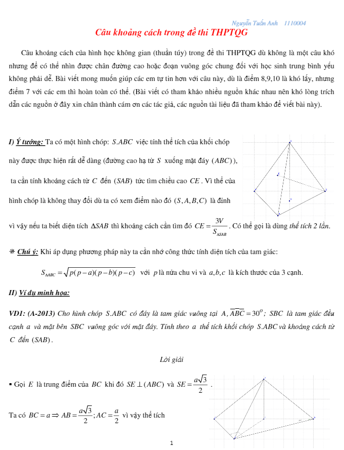 tính khoảng cách trong hình học không gian bằng phương pháp thể tích – nguyễn tuấn anh