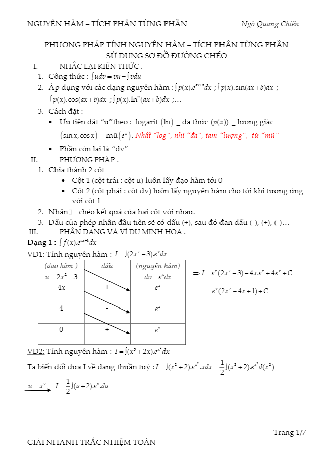 tính nhanh nguyên hàm – tích phân từng phần sử dụng sơ đồ đường chéo – ngô quang chiến