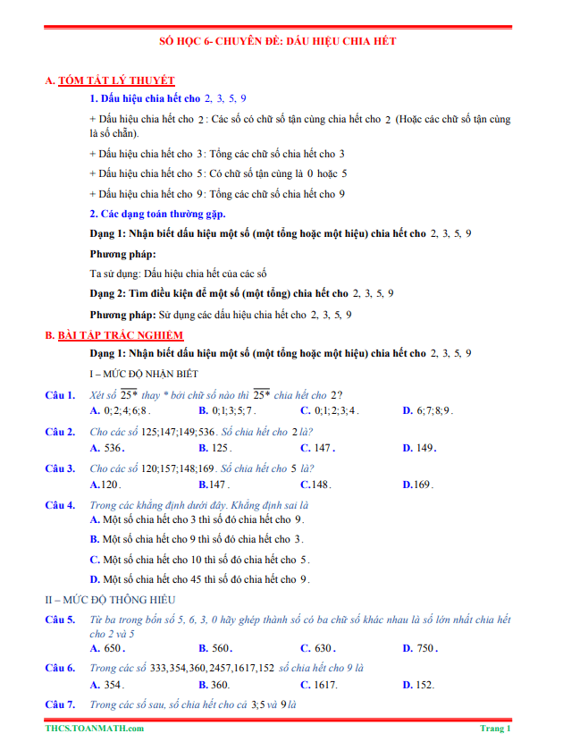 tóm tắt lý thuyết và bài tập trắc nghiệm chuyên đề dấu hiệu chia hết