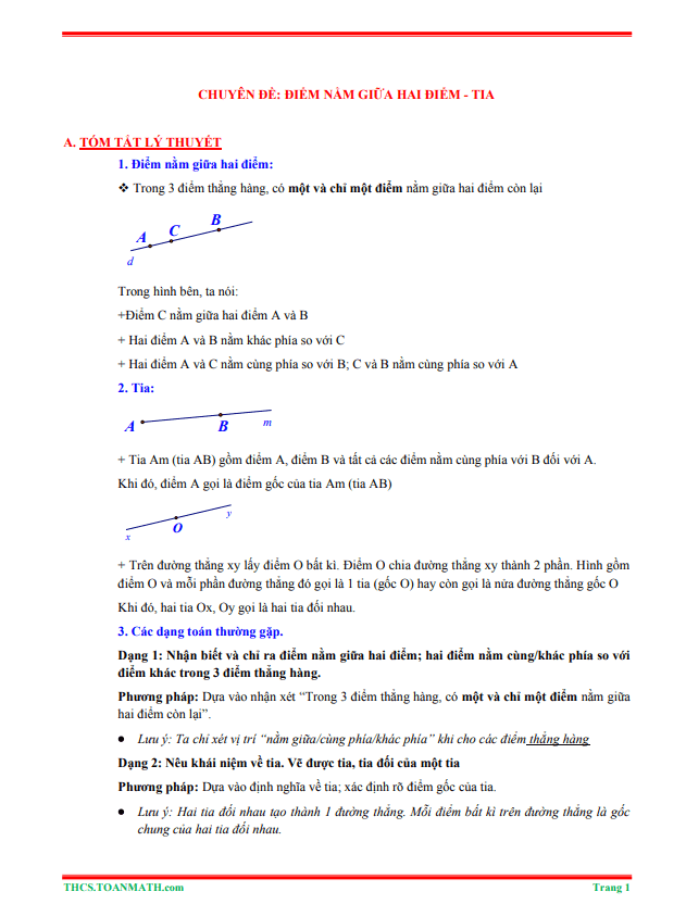 tóm tắt lý thuyết và bài tập trắc nghiệm điểm nằm giữa hai điểm, tia