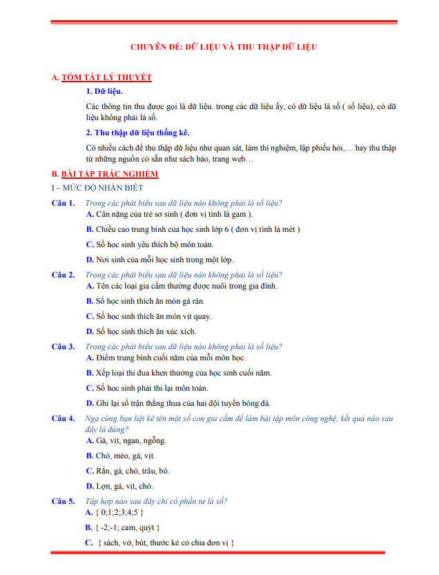 tóm tắt lý thuyết và bài tập trắc nghiệm dữ liệu và thu thập dữ liệu