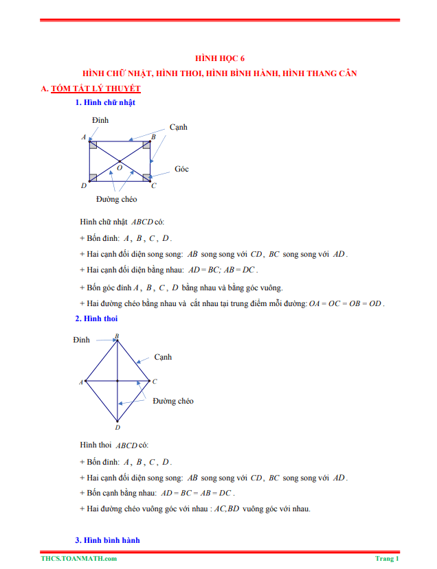 tóm tắt lý thuyết và bài tập trắc nghiệm hình chữ nhật, hình thoi, hình bình hành, hình thang cân