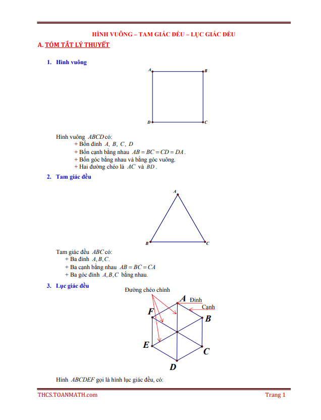 tóm tắt lý thuyết và bài tập trắc nghiệm hình tam giác đều, hình vuông, hình lục giác đều