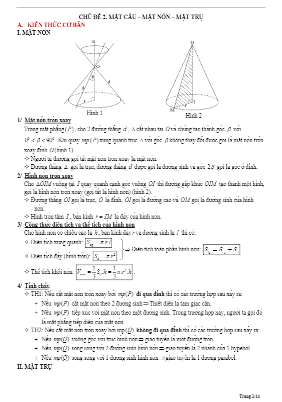 tóm tắt lý thuyết và bài tập trắc nghiệm mặt cầu – mặt nón – mặt trụ