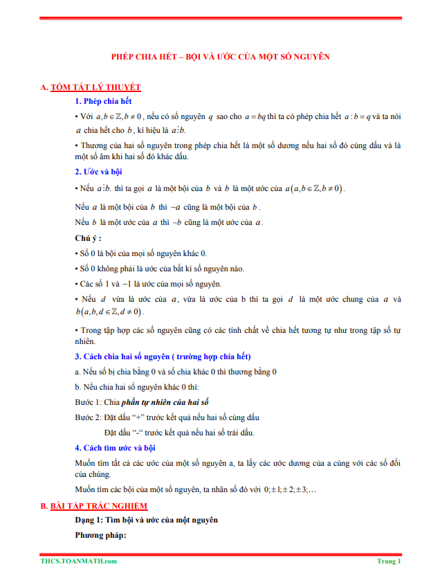 tóm tắt lý thuyết và bài tập trắc nghiệm phép chia hết, ước và bội của một số nguyên