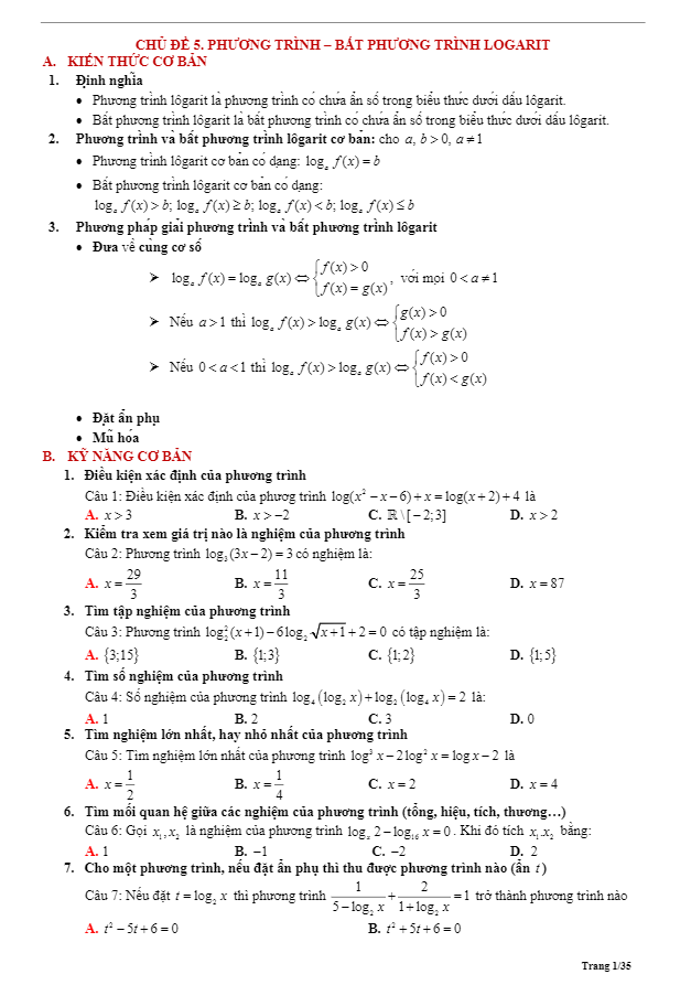 tóm tắt lý thuyết và bài tập trắc nghiệm phương trình và bất phương trình logarit