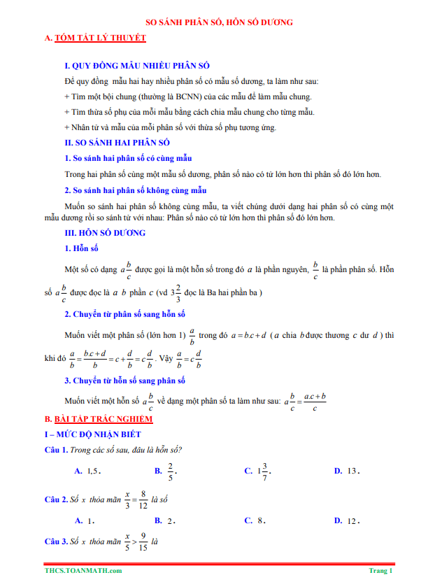 tóm tắt lý thuyết và bài tập trắc nghiệm so sánh phân số, hỗn số dương