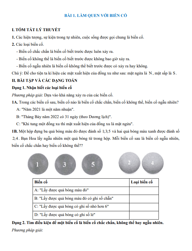tóm tắt lý thuyết và các dạng bài tập làm quen với biến cố và xác suất của biến cố