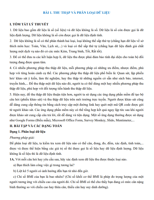 tóm tắt lý thuyết và các dạng bài tập thu thập và biểu diễn dữ liệu toán 7