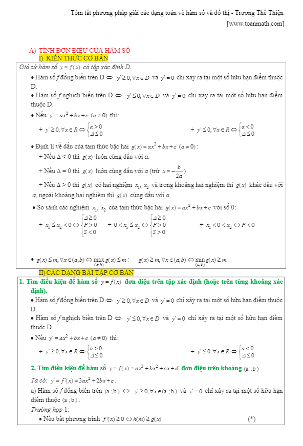 tóm tắt phương pháp giải các dạng toán về hàm số và đồ thị – trương thế thiện