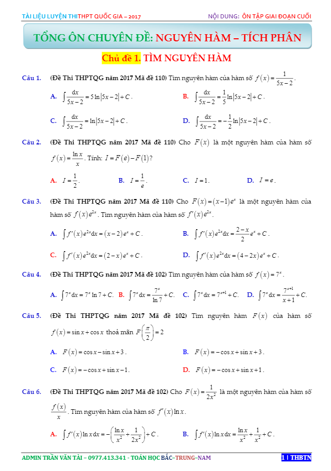 tổng hợp 414 bài tập trắc nghiệm nguyên hàm trong đề thi thử có đáp án – trần văn tài