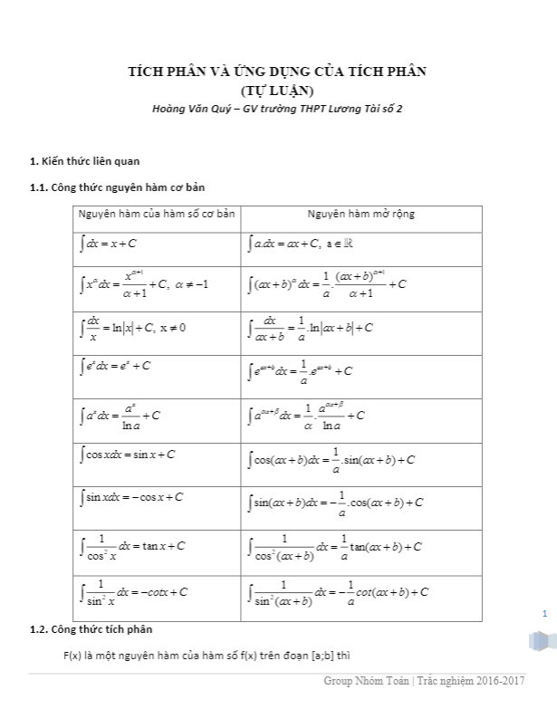 tổng hợp bài tập nguyên hàm, tích phân và ứng dụng – nhóm toán