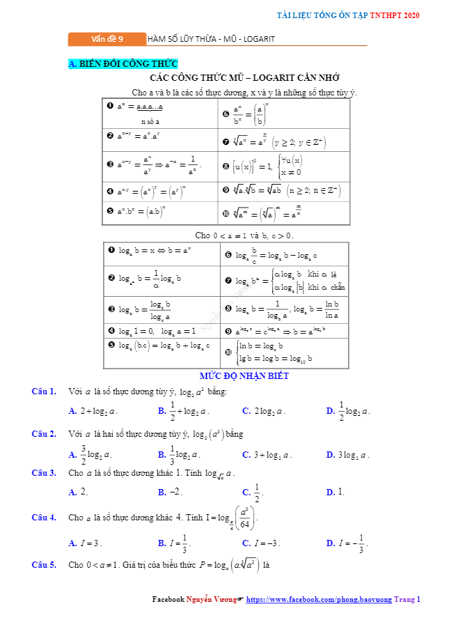 tổng ôn tập tn thpt 2020 môn toán: hàm số lũy thừa – hàm số mũ – hàm số logarit