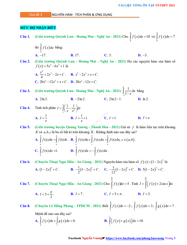 tổng ôn tập tn thpt 2021 môn toán: nguyên hàm, tích phân và ứng dụng