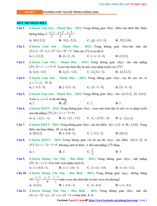 tổng ôn tập tn thpt 2021 môn toán: phương pháp tọa độ trong không gian