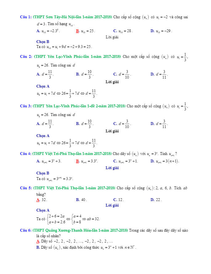 trắc nghiệm dãy số, cấp số cộng và cấp số nhân trong các đề thi thử toán 2018