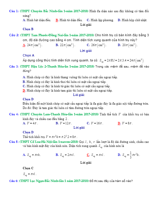 trắc nghiệm khối tròn xoay có giải chi tiết trong các đề thi thử toán 2018