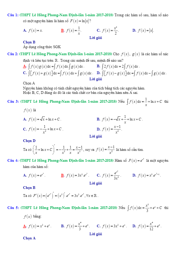 trắc nghiệm nguyên hàm, tích phân và ứng dụng trong các đề thi thử toán 2018