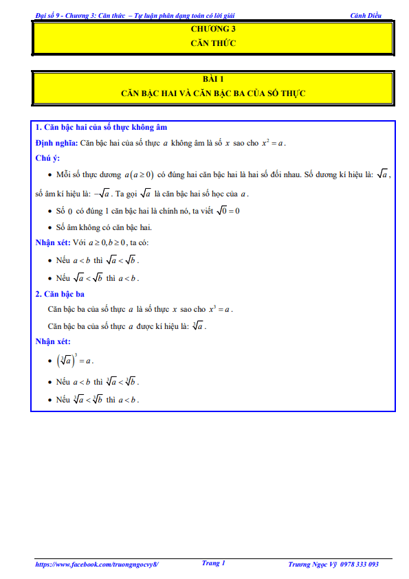 tự luận và trắc nghiệm căn thức toán 9 cánh diều