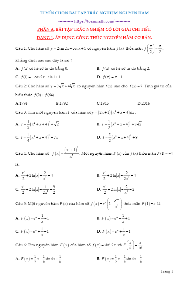 tuyển chọn bài tập trắc nghiệm nguyên hàm có đáp án và lời giải chi tiết