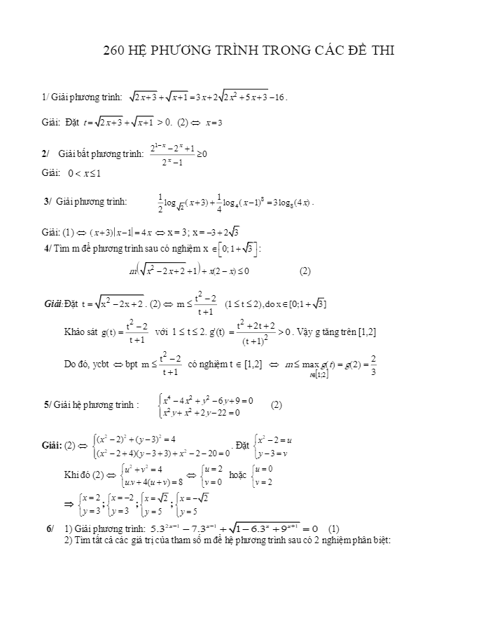 tuyển tập 260 bài toán phương trình – hệ phương trình – bất phương trình trong các đề thi quốc gia