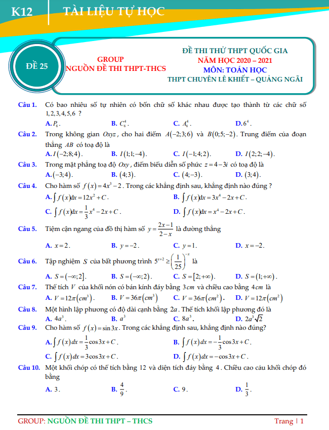 tuyển tập đề thi thử tốt nghiệp thpt 2021 môn toán có lời giải chi tiết (phần 2)