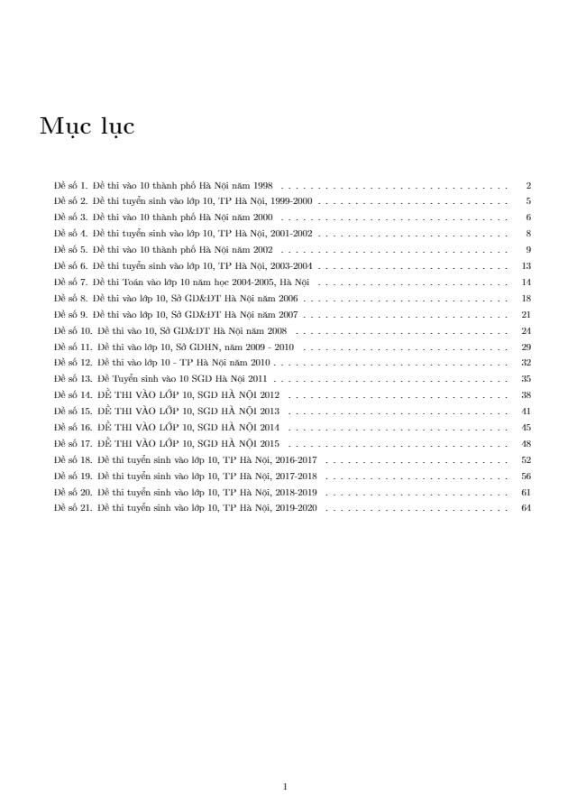 tuyển tập đề tuyển sinh lớp 10 môn toán sở gd&đt hà nội (từ 1998 đến 2020)